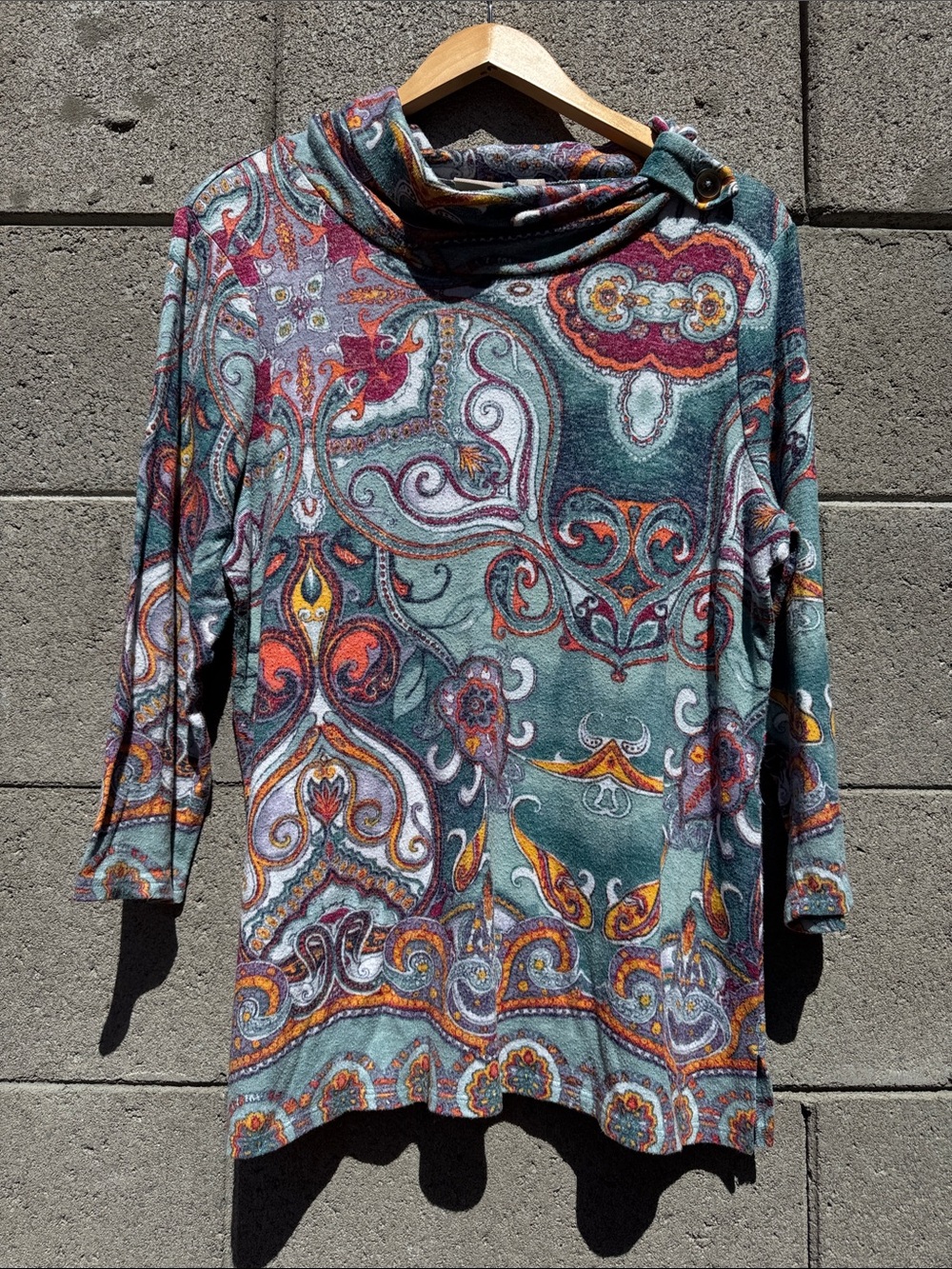 Chicos Cowl Neck Button Paisley Print Long Sleeve Top in Teal, Rust & Mustard